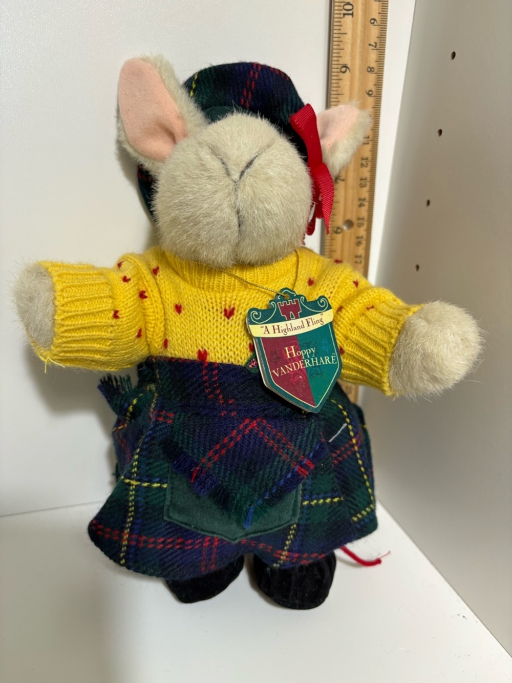 Vintage Hoppy Vanderhare Plush Bunny in Yellow Sweater & Tartan Outfit